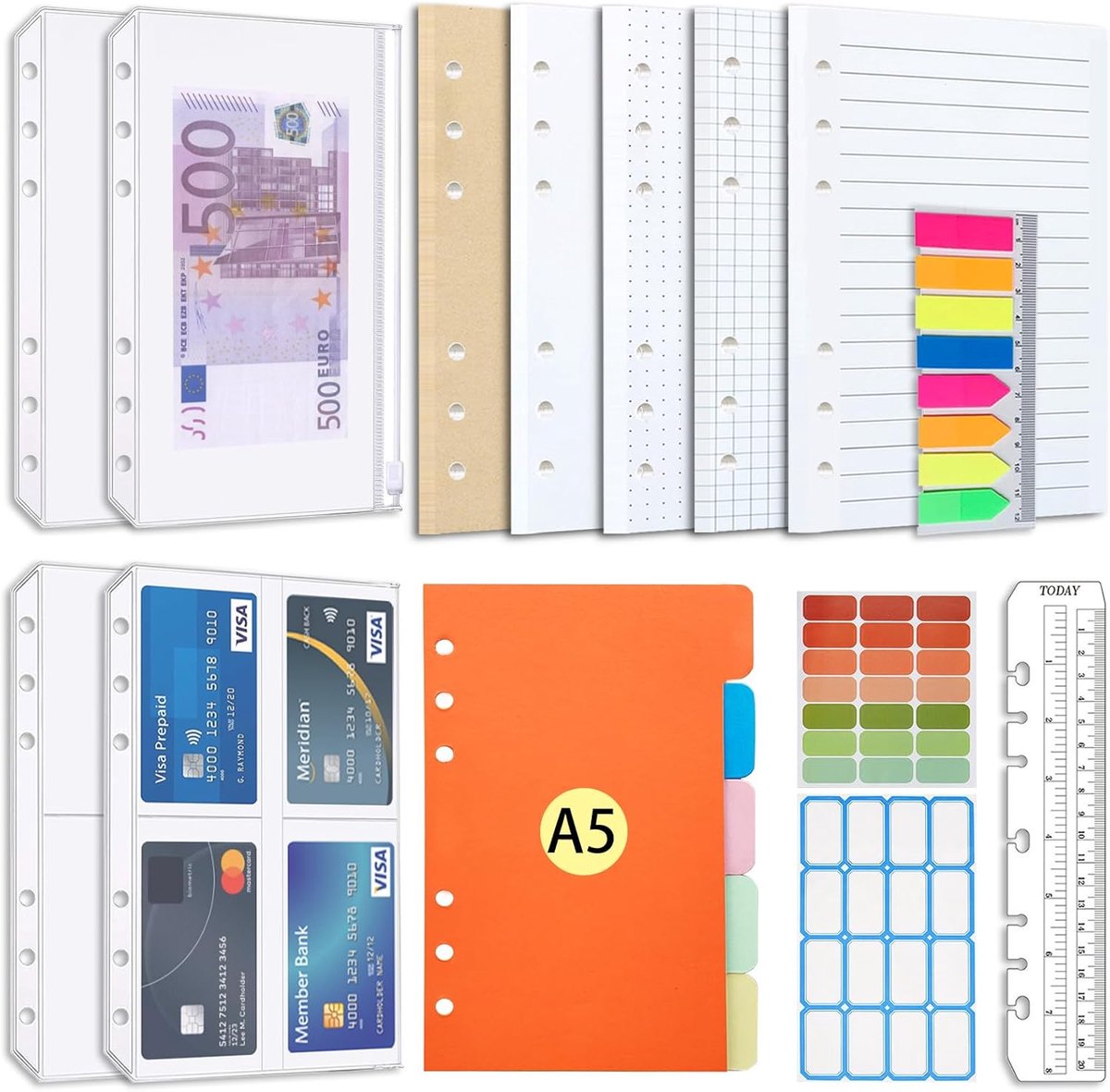 SnelShoppen - A5 Navulpapierset 6-gaats 100 Vellen Gekleurde Plaknotities met Tabbladen, Liniaal en Ritsvakjes voor Notitieboeken en Dagboeken