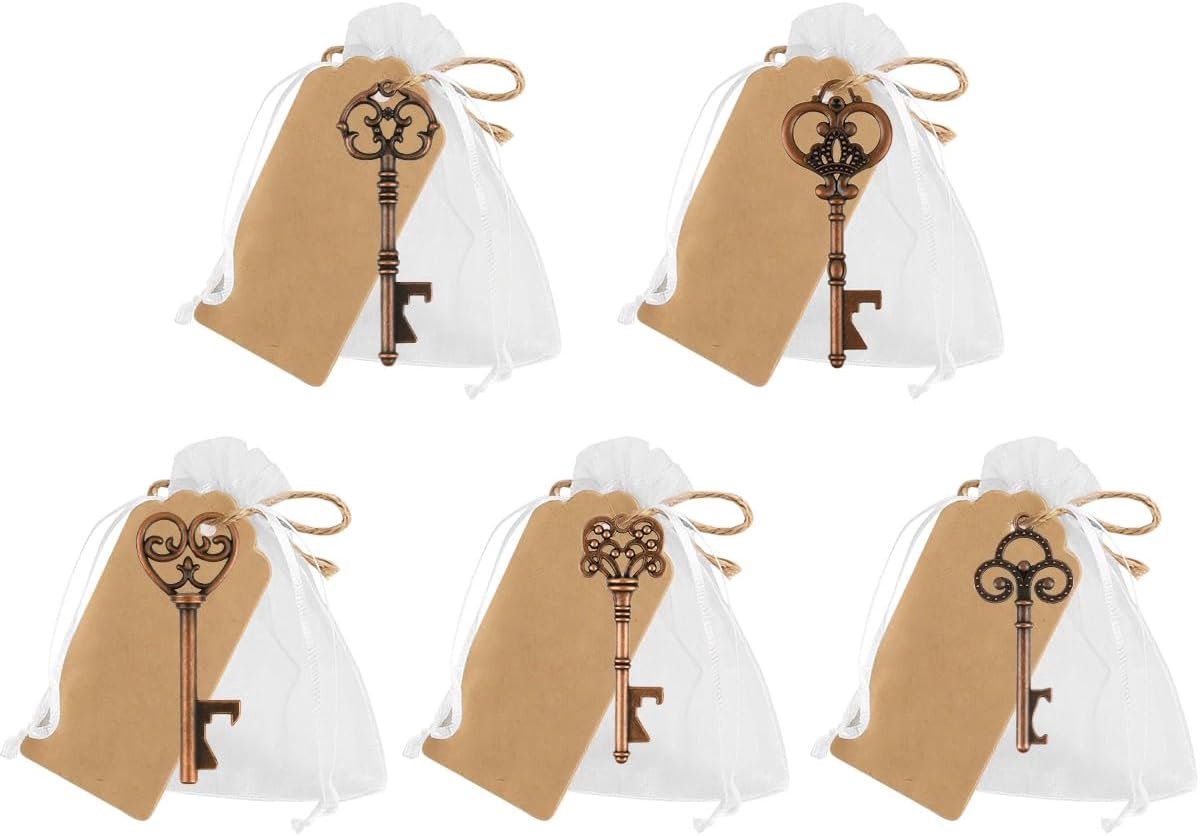 Thijox - 50 Stuks Gastgeschenken Bruiloft Sleutel Flesopener Vintage met Transparante Tas, Jute Touw en Etiket voor Verjaardag, Doop, Jubileum en Vele