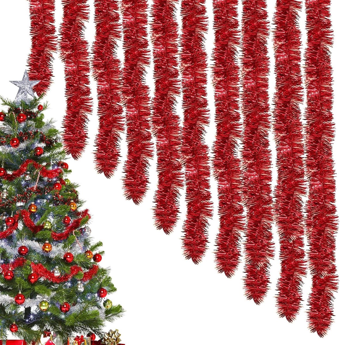 Kerst Lametta Slingers, 10 stuks x 2m, Glanzende Decoratie voor Kerstboom, Bruiloft en Feest, Rood Glitterend Versiering