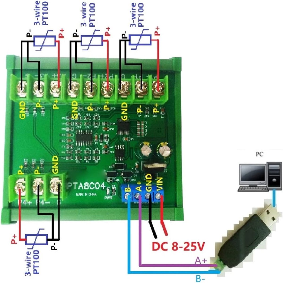 4-kanaals PT100 Temperatuur Sensor Module voor RS485 - Modbus RTU Temperatuurmeting met Behuizing en Handleiding