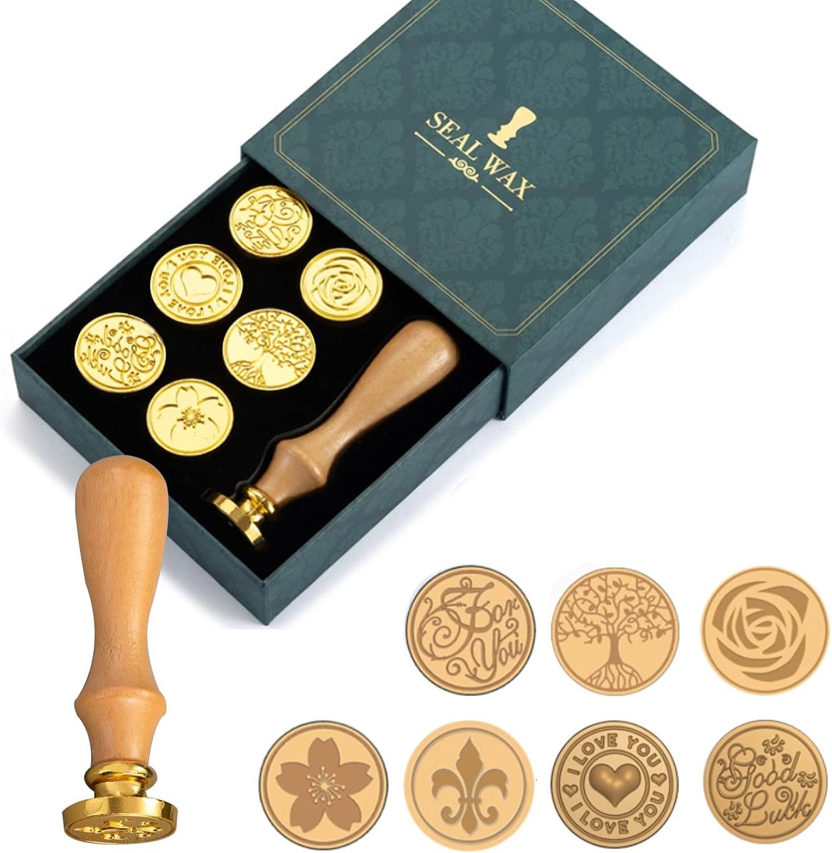 Thijox - Zegelwasstempelset 7 Stuks met Houten Handvat en Koperen Stempel voor Enveloppen, Bruiloft, Uitnodigingen, Brieven, Geschenkverpakkingen, Dec