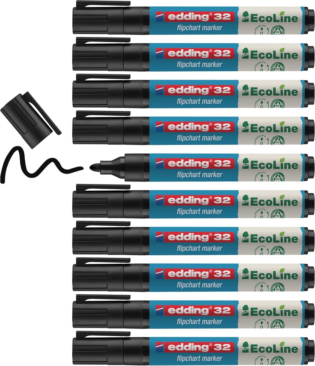SnelShoppen - EcoLine flipchart markers - zwart - 10 stiften - ronde punt 1,5-3 mm - navulbaar - droogt niet uit - intensieve kleur - perfect voor fli