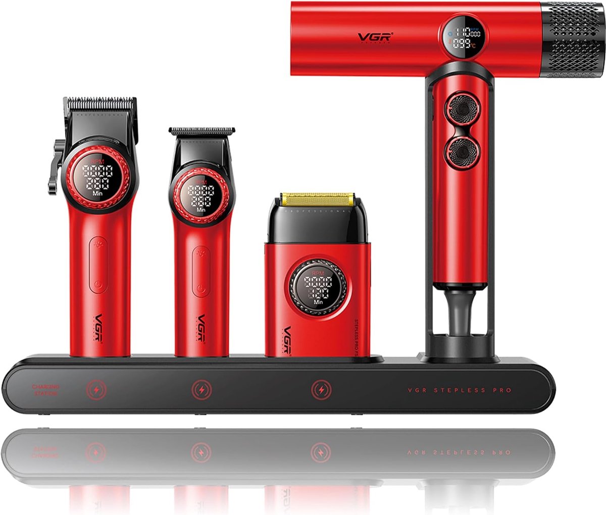 SnelShoppen - VGR Professionele Tondeuse, Trimmer, Foliescheerapparaat en Ionische Föhn 4-in-1 Set met Krachtige Motor, Oplaadstation, LED-display, Lu