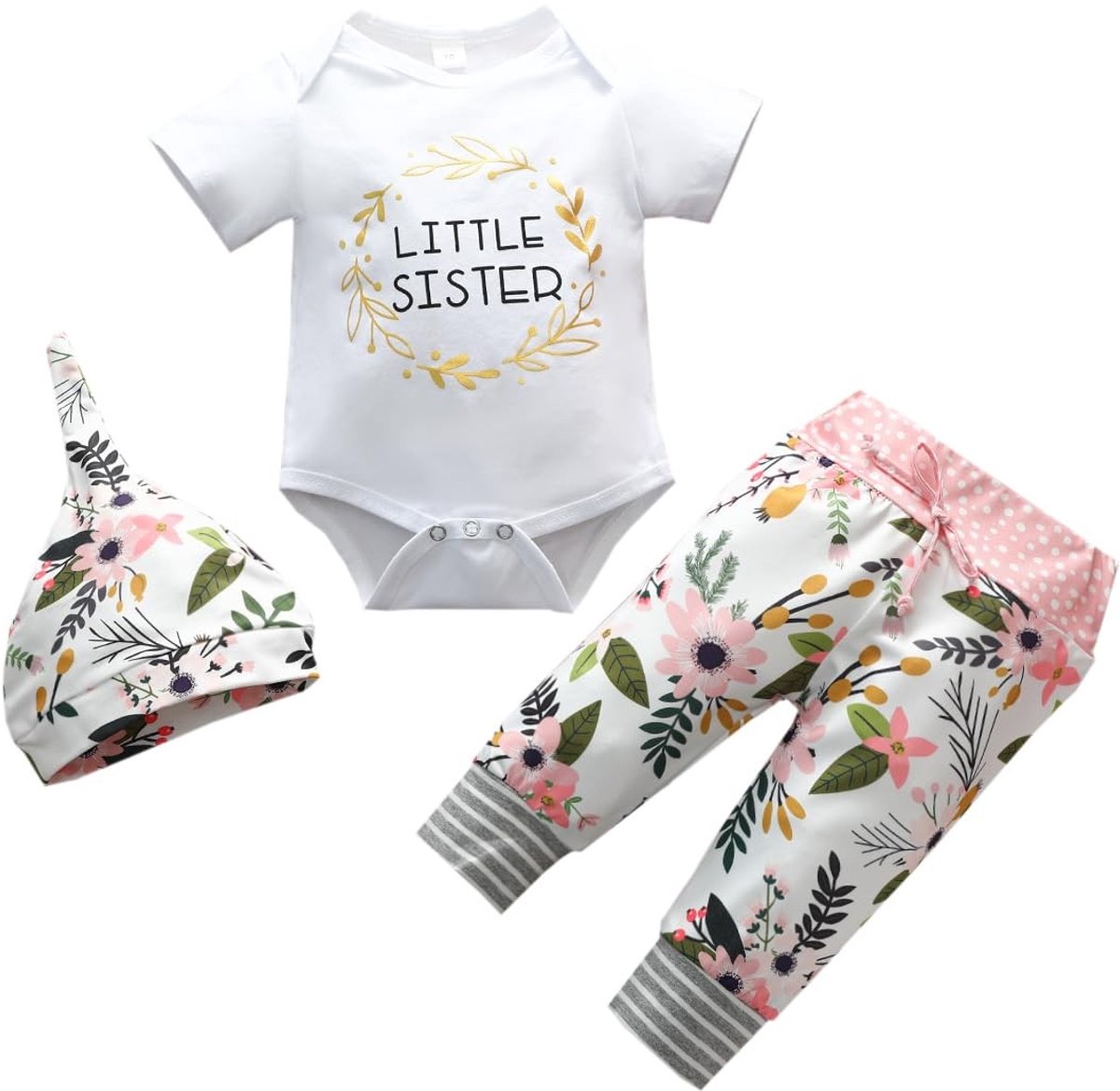 Dailygoods- Romper Hoogwaardig Katoen - Peuter Outfit - Bijpassende Stijl - Bloemenprint - Hoed en Broek - Ademend en Comfortabel - Zusteroutfit
