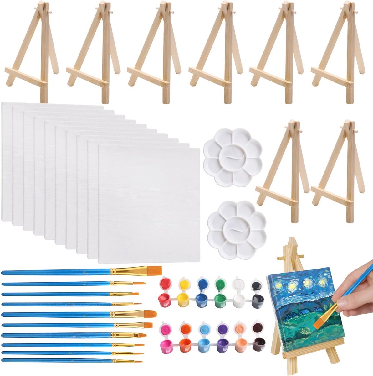 SnelShoppen - 34pcs Mini Houten Easels 9x16cm Vouwbare Triangular Tafel Easel met Canvas, Verf en Penseel voor DIY Schilderen, Bruiloft, Kerst, Verjaa