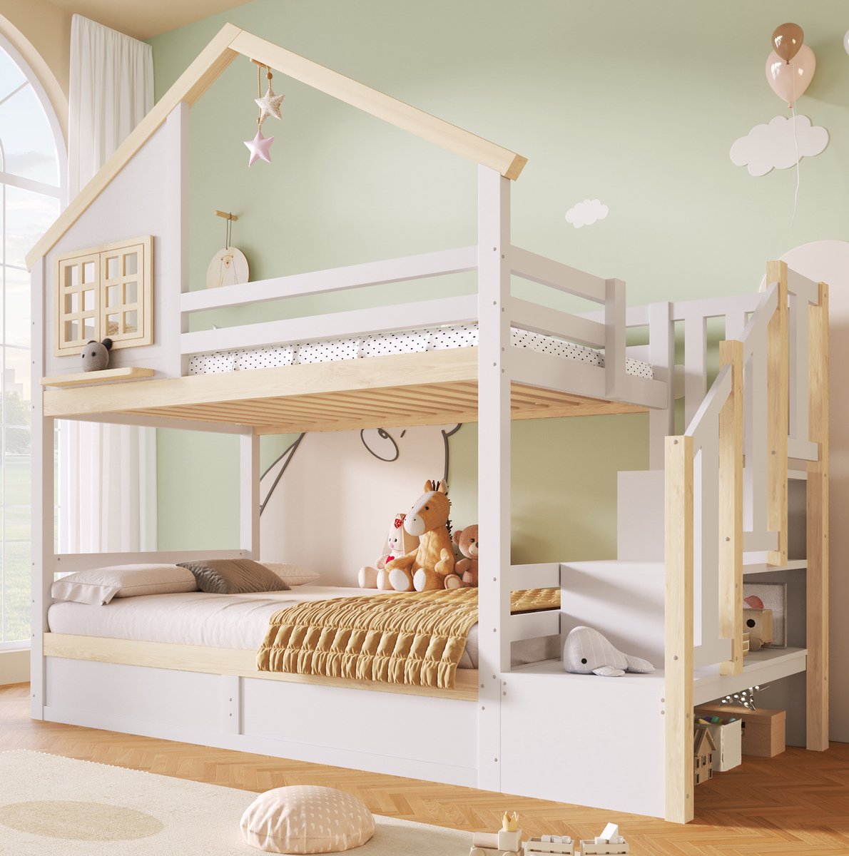 STILVORA Stapelbed 90x200 Cm - Dubbel Slaapdesign Met Huisvorm En Bedhek - Ruimtebesparend Met Opbergruimte Onder Het Bed - Voor Kinderen - Hout En MDF - Wit Naturaal - Zonder Matras Wit + Naturel