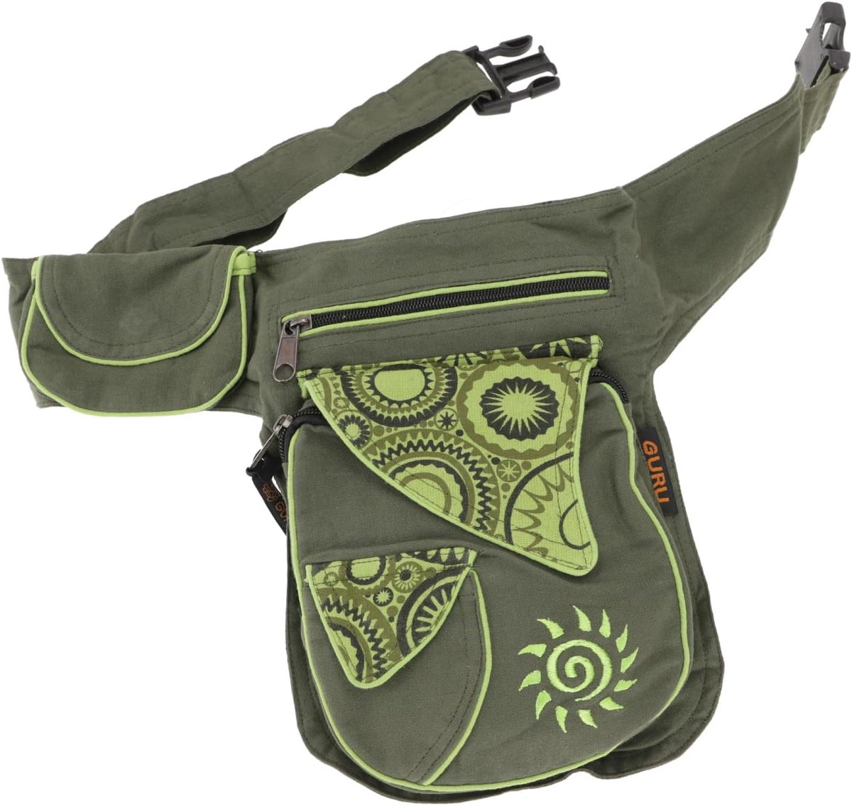 SnelShoppen - Heupzak en Taille Tas Goa Buik Tas met Borduursel Zon - Zwart/Rood, Unisex, Katoen, 25x20x10cm, Festival Heuptas Hippie