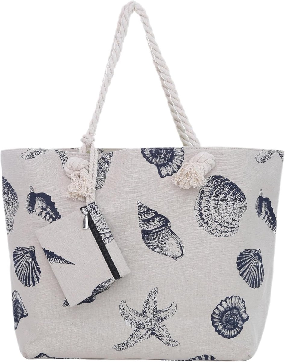 Thijox - Grote strandtas met rits 58 x 38 x 18 cm - Ruime veren shopper schoudertas voor beach, vakantie, zwembad, waterafstotend materiaal