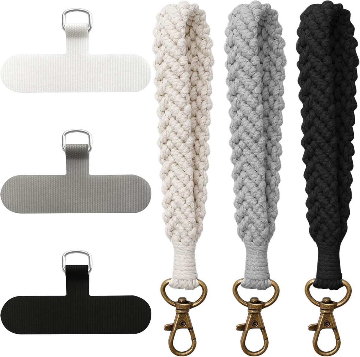 Dailygoods- Telefoonkoord Pols - 3 Stukken - Boho Macrame - Zwart/Wit/Grijs - Lichtgewicht - Geschikt voor Sleutels/Portemonnees