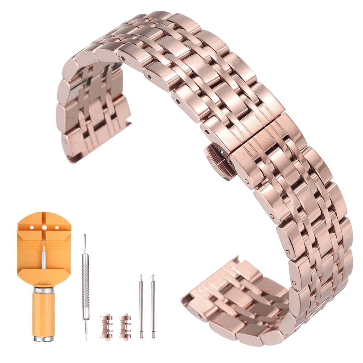Dailygoods - QUARKZMAN Horlogeband van roestvrij staal, 20 mm, snelsluiting, gepolijst metaal, vervangende vlindergesp, met verwijderingsgereedschap, voor heren en dames, roségoud