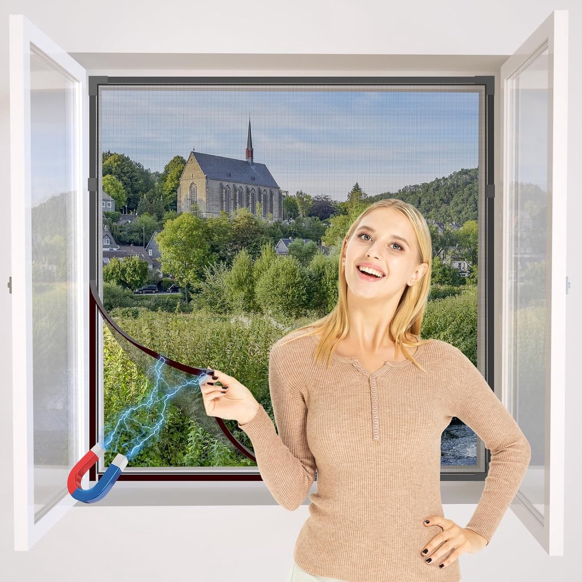 SnelShoppen - NeatiEase Magnetisch Vliegenraam - Magnetisch Raamframe voor Vliegenraam 150 x 180 cm - Grijs Frame, Zwart Net - Snijdbaar - Ideaal voor