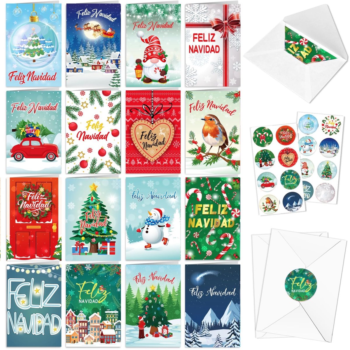 Dailygoods- Kerstkaarten Set van 16 - Spaanse Kerstkaarten - Met Enveloppen - Klevend - Kerststickers - Uniek Design - Feestkaarten