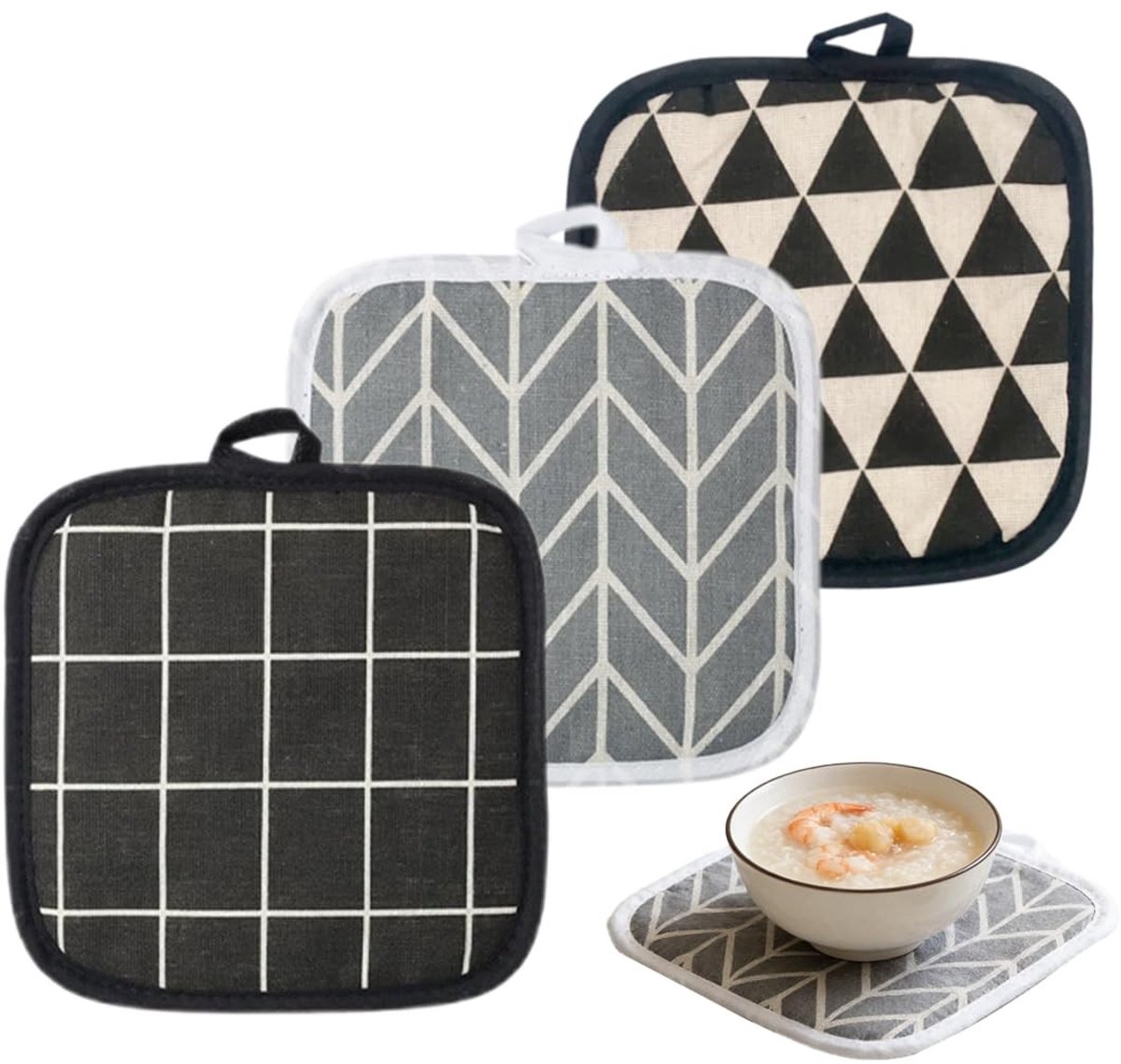 Dailygoods - Set van 3 driehoekige pannenlappen van katoen en linnen, hittebestendige handschoenen en onderzetters voor koken, bakken en serveren