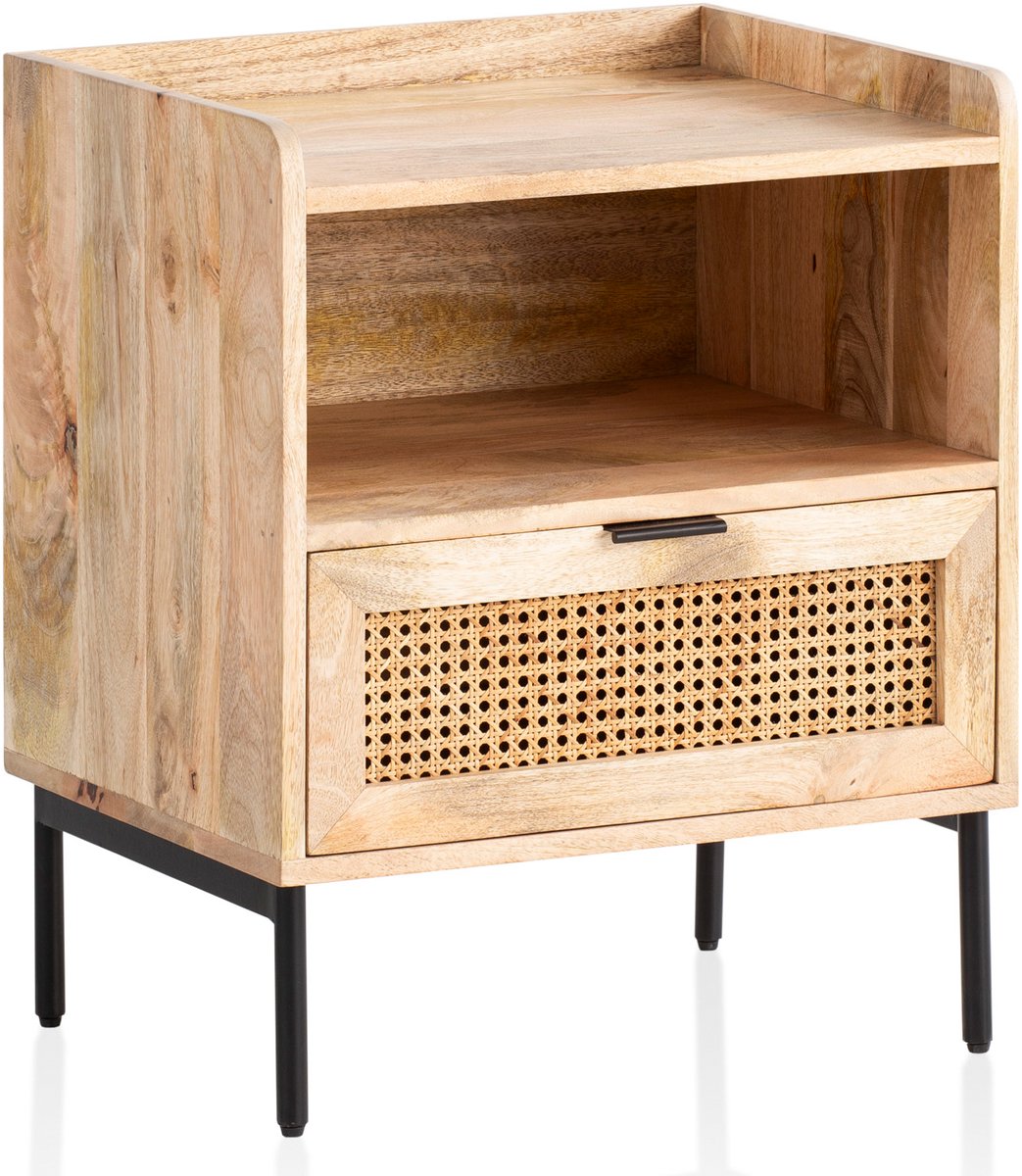 Ervesto Nachtkastje WL6.806 - Mango Massief Hout En Rotan - 50x60x40 Cm - Bruin - Boxspring Nachtkastje - Met Lade En Open Opbergruimte - Metalen Frame