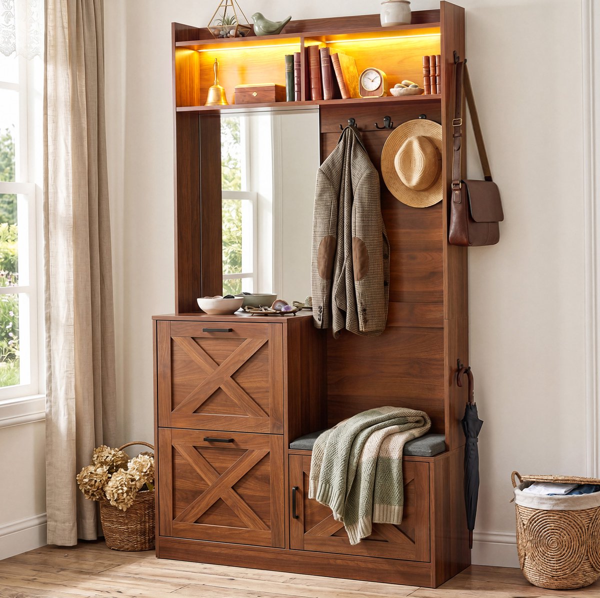 MIVRAY Schoenenkast - Halmeubel Met Spiegel, Ledverlichting En Zitting - Voor Entree En Gang - MDF En Spaanplaat - 100x25x180 Cm - Walnoot