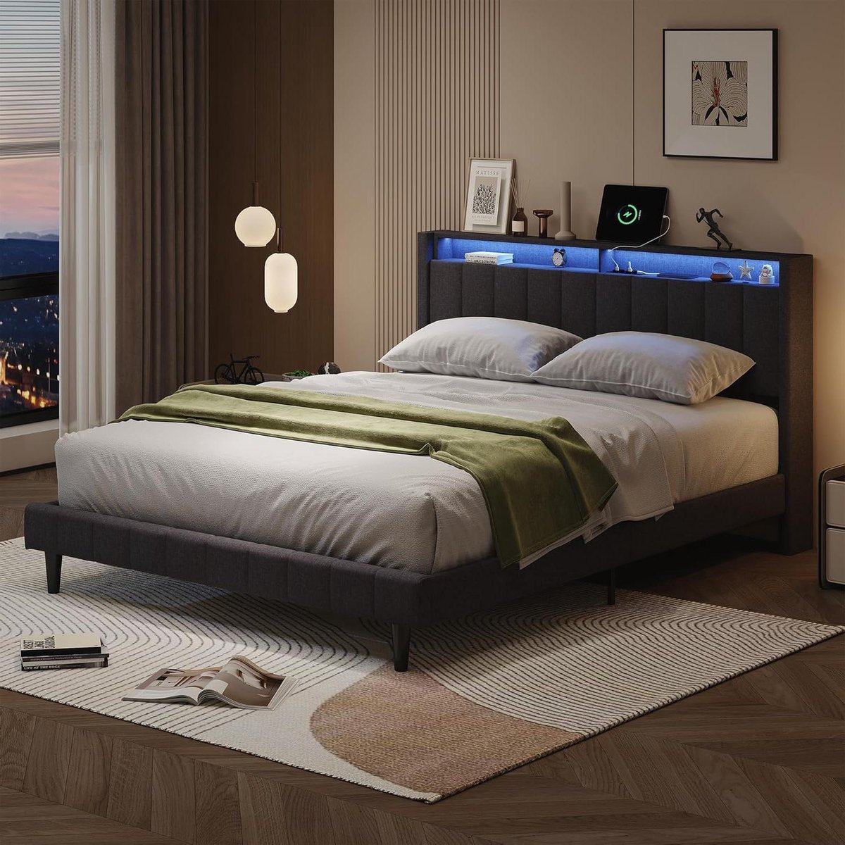 Design Bed - Upholstered Bed - Ontspannen Slapen - Geïntegreerde Oplaadpoorten - 160 x 200 cm - Grijs