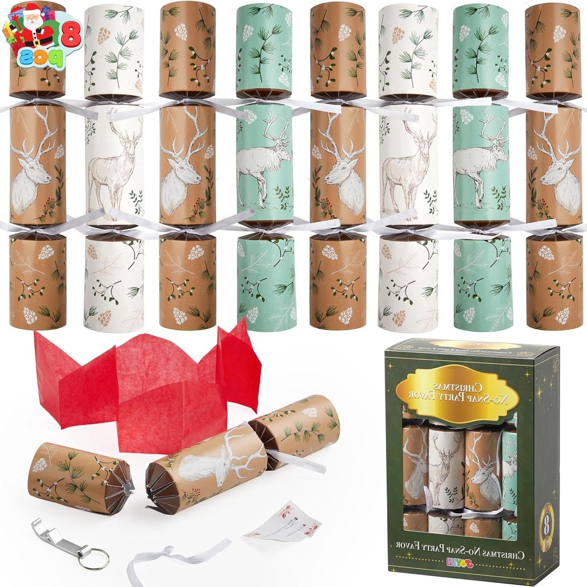 Kerstfeest Gunsten - Tafeldecoratie Pakket - Feestelijke Verrassing - Uniek Rendier Ontwerp - 8 Pakken - Multicolor