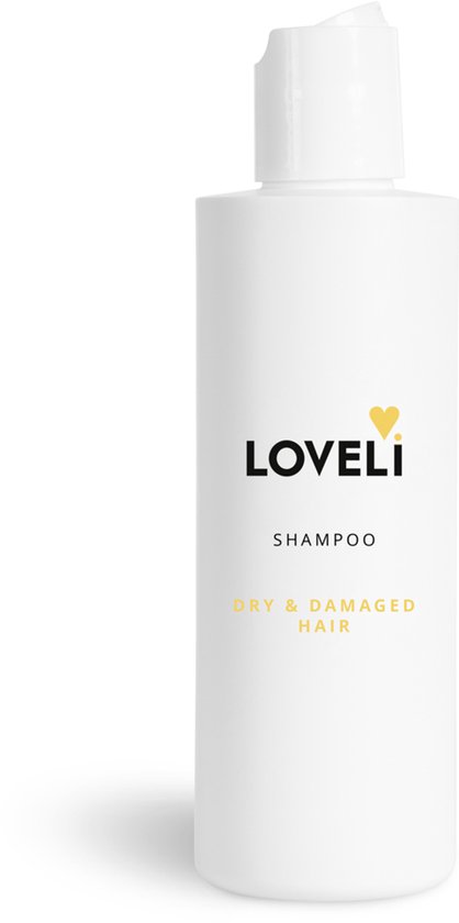 Witte fles Loveli shampoo voor droog & beschadigd haar, op een witte achtergrond.