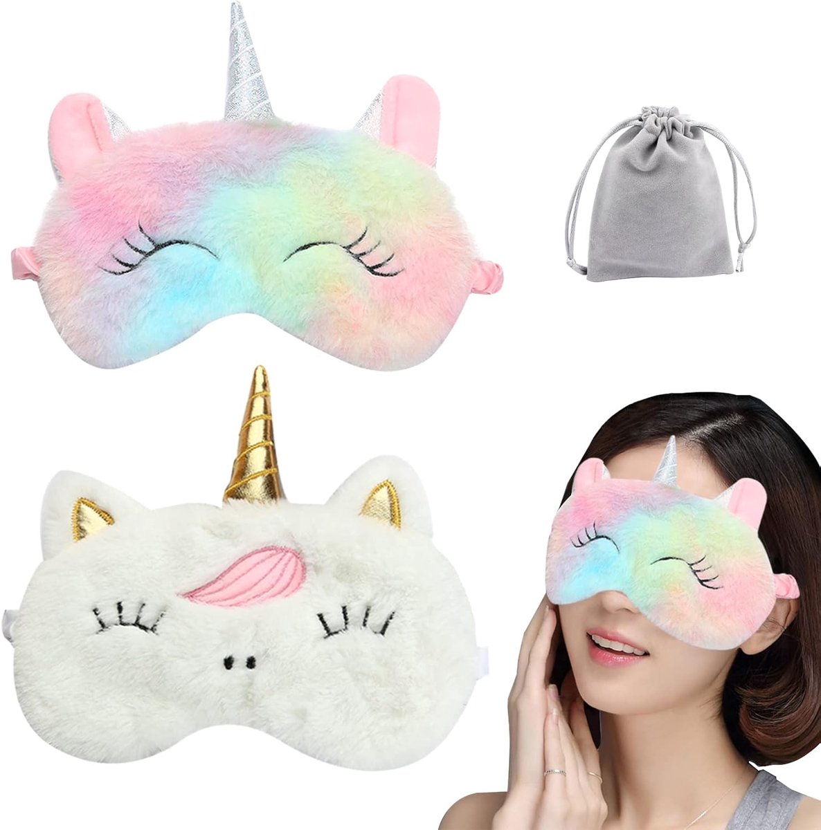 SnelShoppen - 2 Stuks Zachte Pluche Slaap Masker Dierlijke Blinddoeken voor Vrouwen Meisjes en Kinderen - Ideaal voor Feest, Kamperen, en Relaxen