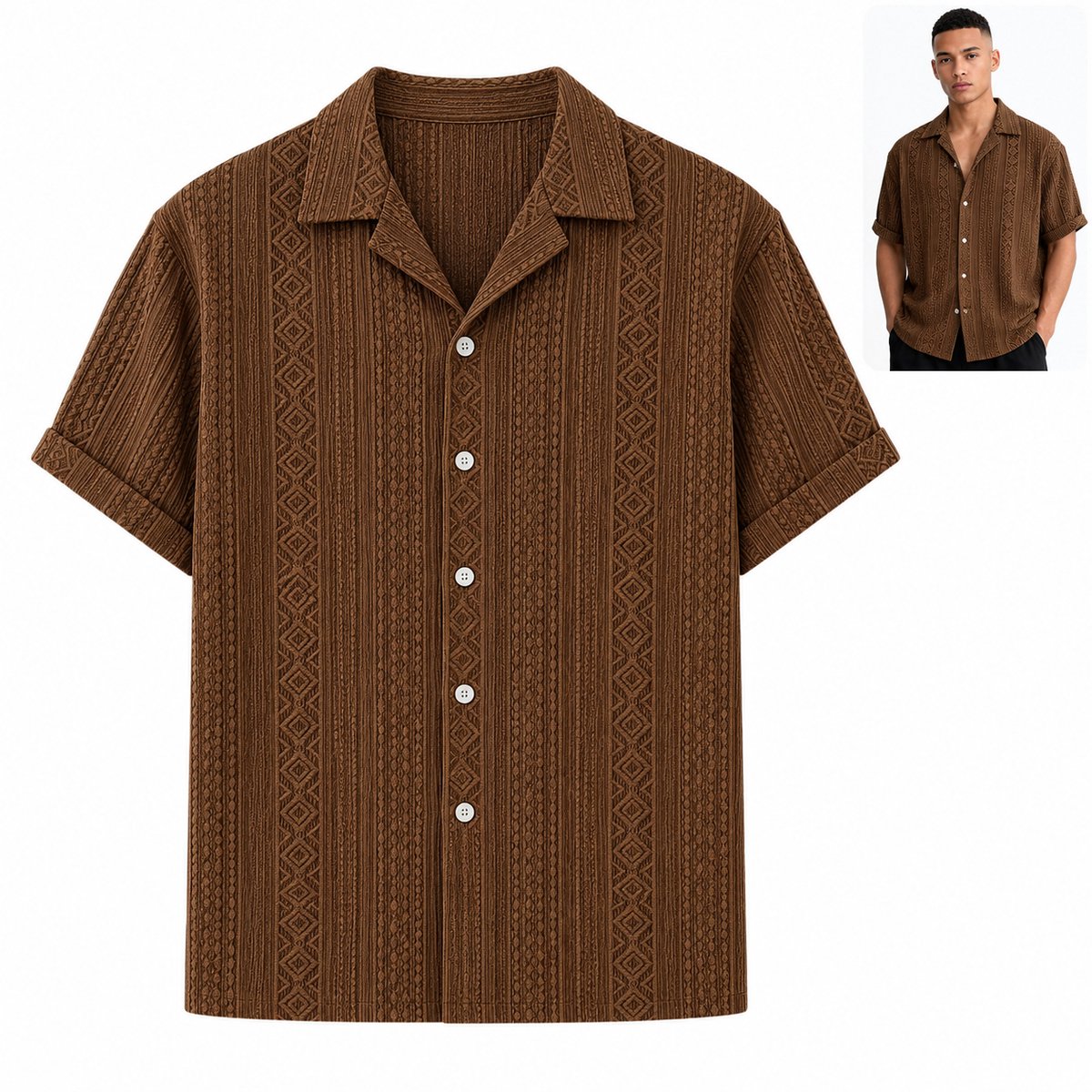 Cuban Collar - Heren Overhemd Korte Mouw – Bruin Structuurshirt met Geometrisch Patroon – Casual Zomerhemd – Relaxed Fit