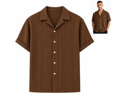 Cuban Collar - Heren Overhemd Korte Mouw (M) – Bruin Structuurshirt met Geometrisch Patroon – Casual Zomerhemd – Relaxed Fit