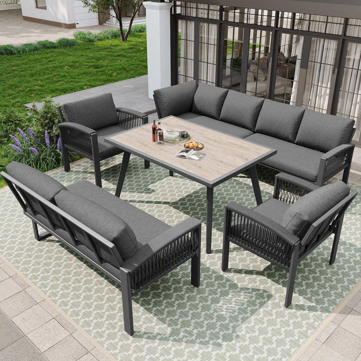 DESMIU Loungeset 8 Personen - Met Tafel En Zit En Rugkussens - Voor Tuin Balkon En Terras - Gegalvaniseerd Metaal Polyester Grijs