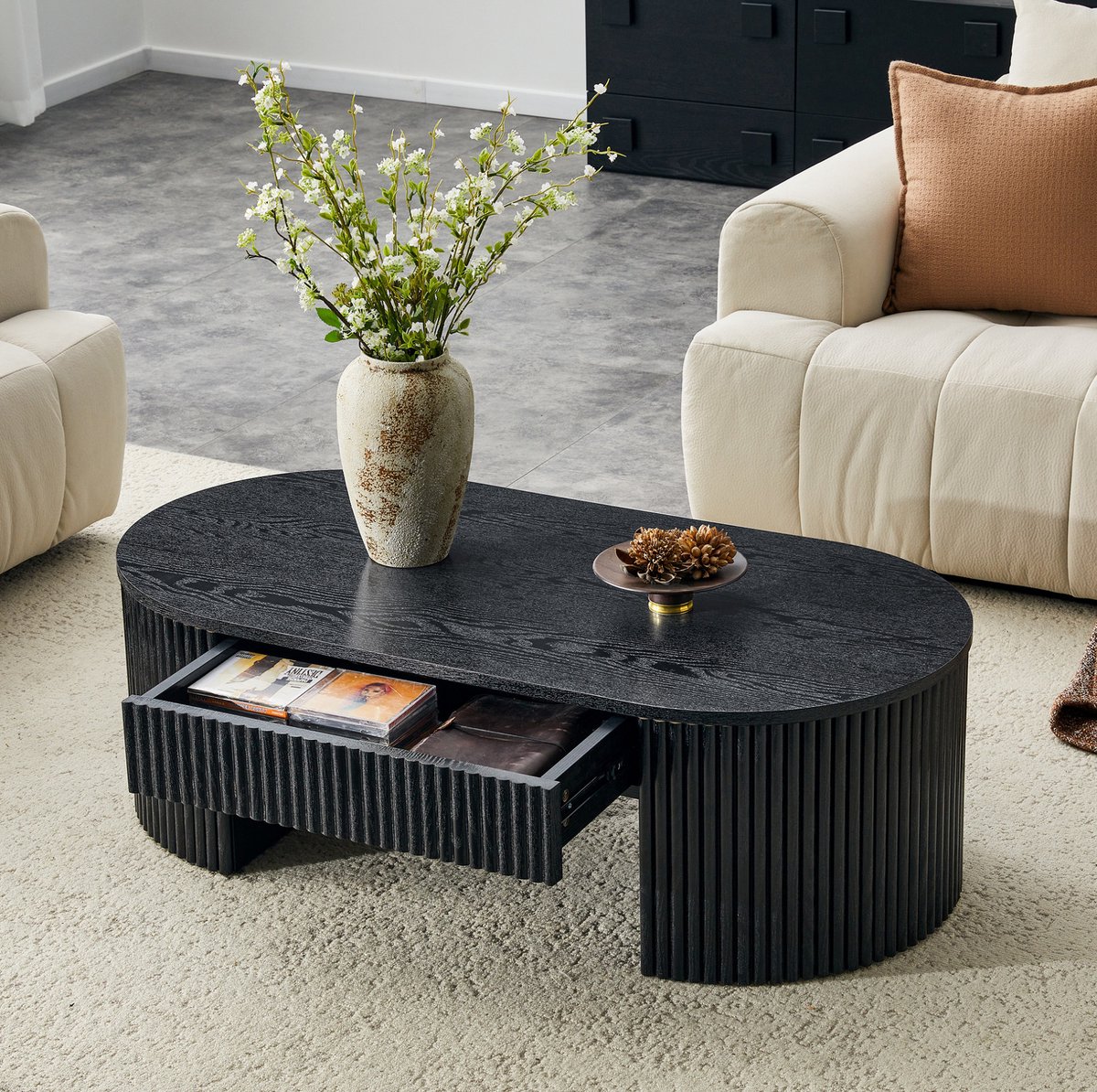 MIVRAY Salontafel - Ovale Tafel Met Opberglade En Gegroefde Zijkanten - Voor Woonkamer Bij De Bank - MDF - 105x54x38 Cm - Zwart