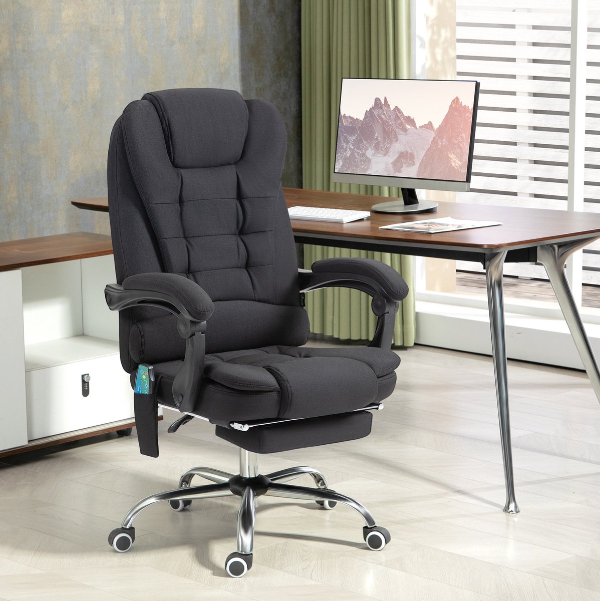 MEUNIQ Bureaustoel met massagefunctie en verwarmingsfunctie, 135° verstelbaar, hoogteverstelbaar 45-52 cm, met voetsteun en armleuningen, zwart