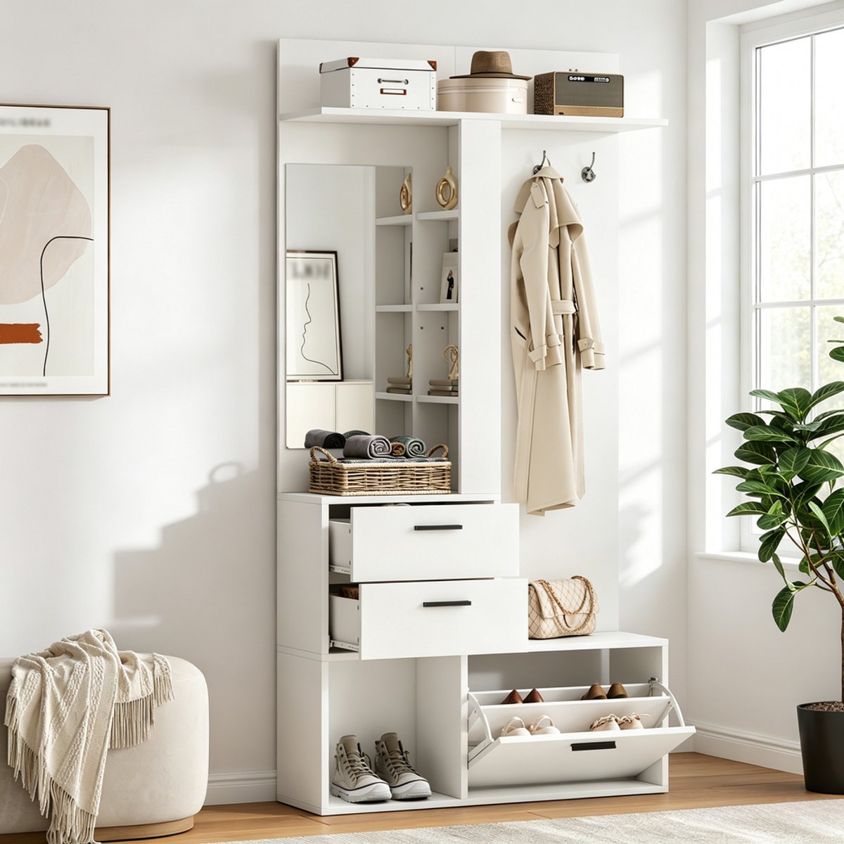 KOMHTOM Kapstok met Schoenenbank - 2 Lades - 3 Haken - Spiegel - 3 Planken - Hal Slaapkamer Woonkamer - 90x30x180 cm - Wit
