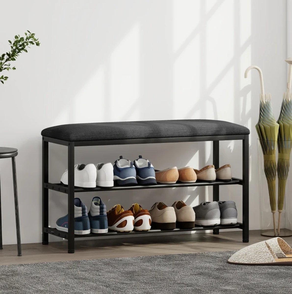 MEUNIQ schoenbank met opbergruimte 81 x 31 x 50 cm, zitbank met 2 open vakken, metalen frame, gevoerde zitting voor hal of entree, zwart