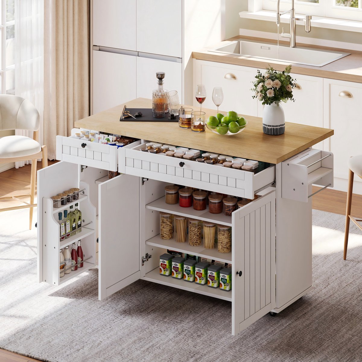 DESMIU Keukenkast - Keukeneiland Met Klapbaar Werkblad En 6 Vergrendelbare Wielen - Met Laden En Kast - MDF - 137x89,5x45 Cm - Naturel Wit