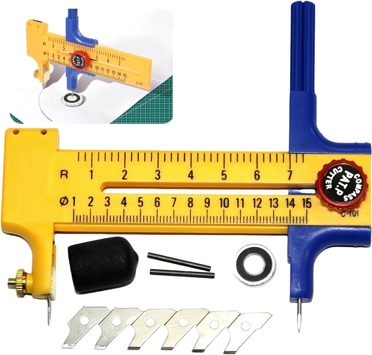 Cirkelzaag voor Papier, 11-delige Set voor 1-15 cm Circles, Verstelbare Snijder voor Karton en Leer, Inclusief Reserveonderdelen