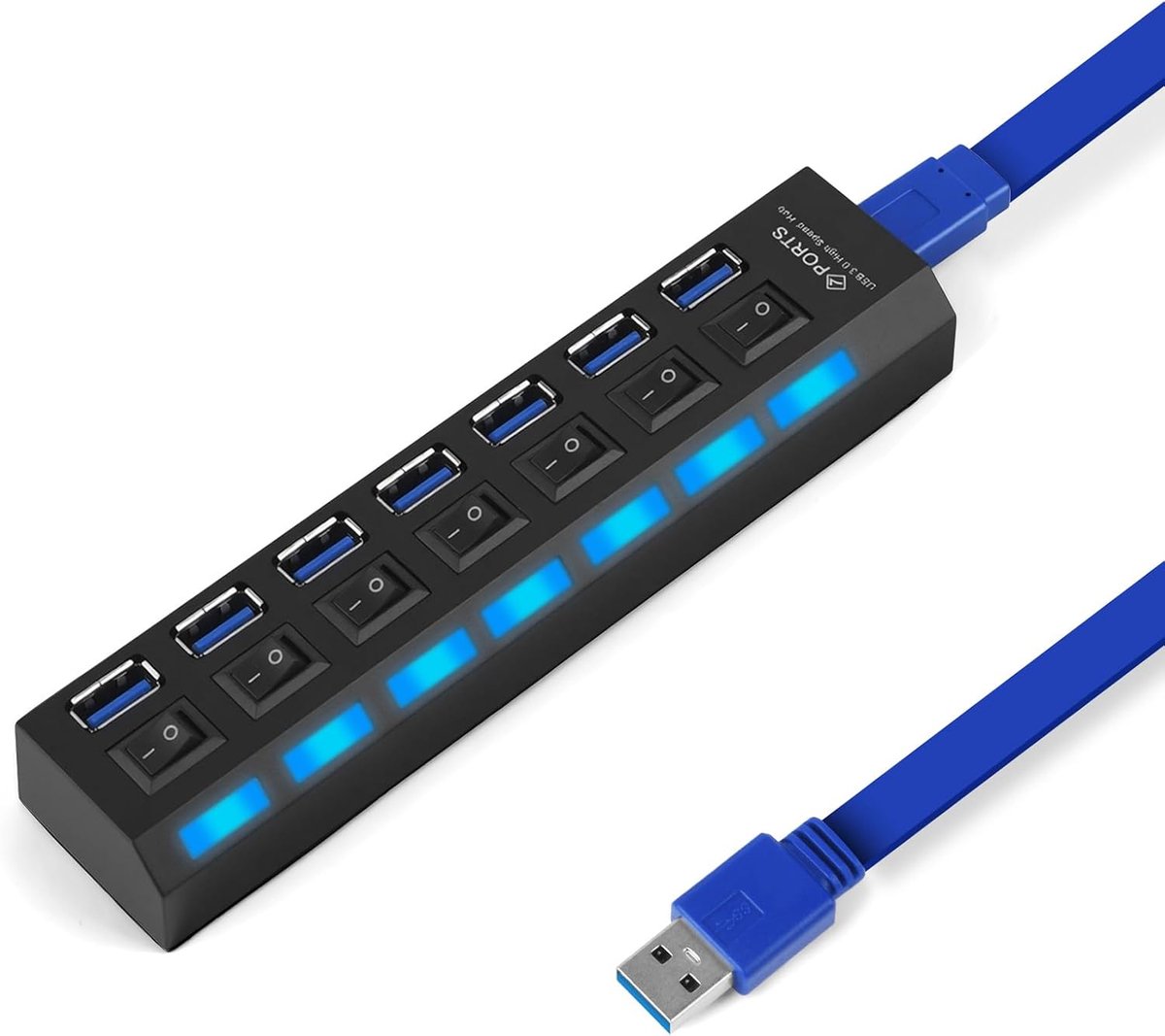 Thijox - USB Hub 7 Poorts USB Distributeur Actieve 3.0 + 2.0 met Schakelaars en LED-display, Plug & Play voor Laptop, PC, MacBook en Meer