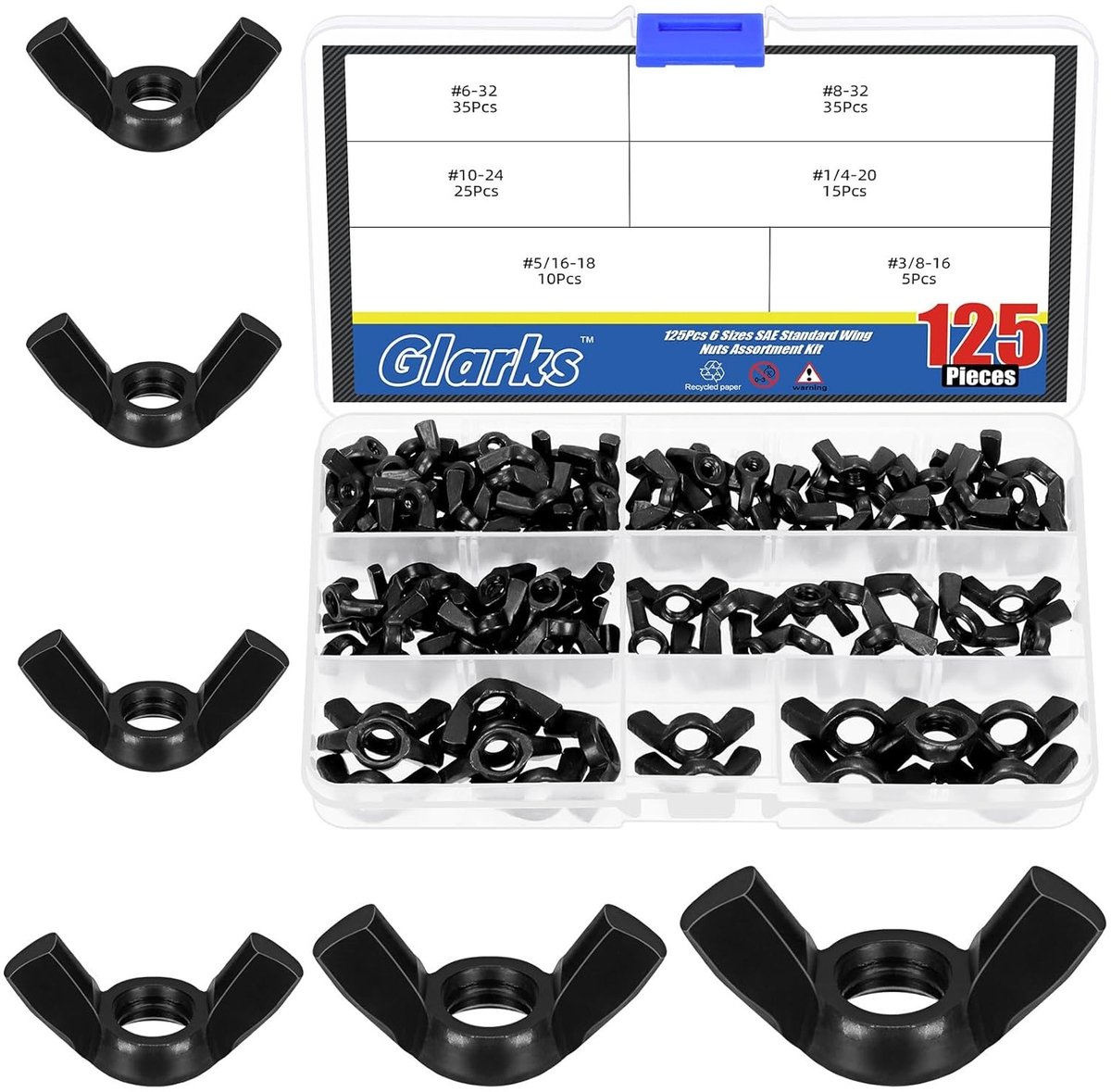 125 Stuks Wing Nuts Assortiment Kit in 6 Maten, Hoogwaardige Carbon Staal Vlinder Moeren voor Diverse Toepassingen