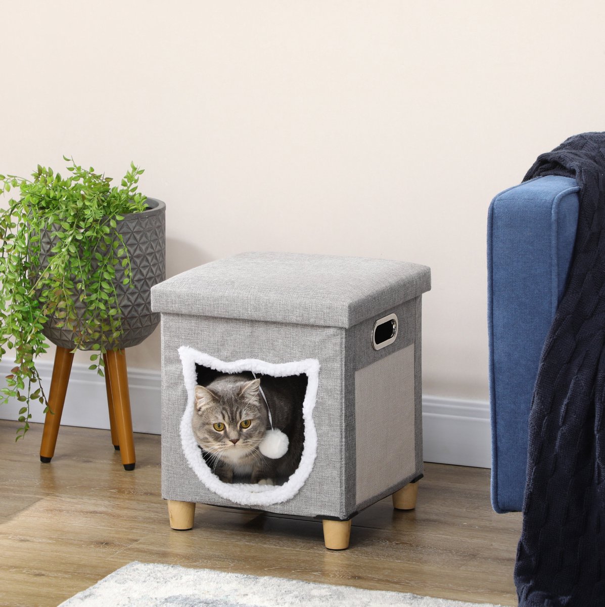HAUSS SPOLE Kattenhocker – 35,5 x 35,5 x 42,5 cm – Met Krabmat En Kussen – MDF – Grijs – Kattenhuis Voor Binnen Met Speelbal