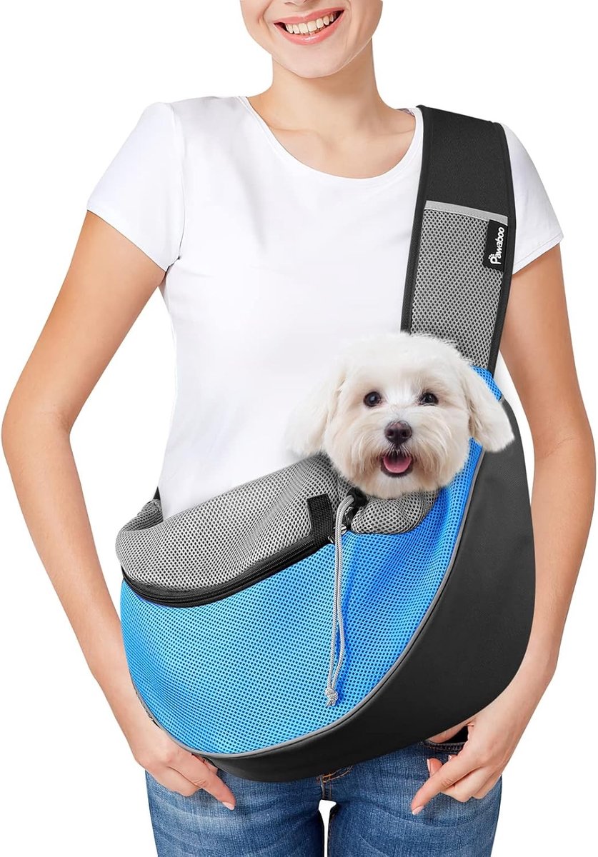 Handvrije Draagtas voor Honden en Katten, Ademend Mesh, Verstelbare Schouderband en Opbergzak, Ideaal voor Reizen en Buitenshuis, Lichtblauw, Maat S