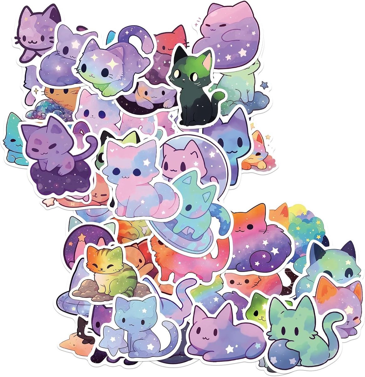 Kawaii Aesthetic Kat Stickers - 50 Stuks Waterdichte Vinyl Stickers voor Laptop, Scrapbooking en Planners met Sterrenhemel en Dierenontwerpen