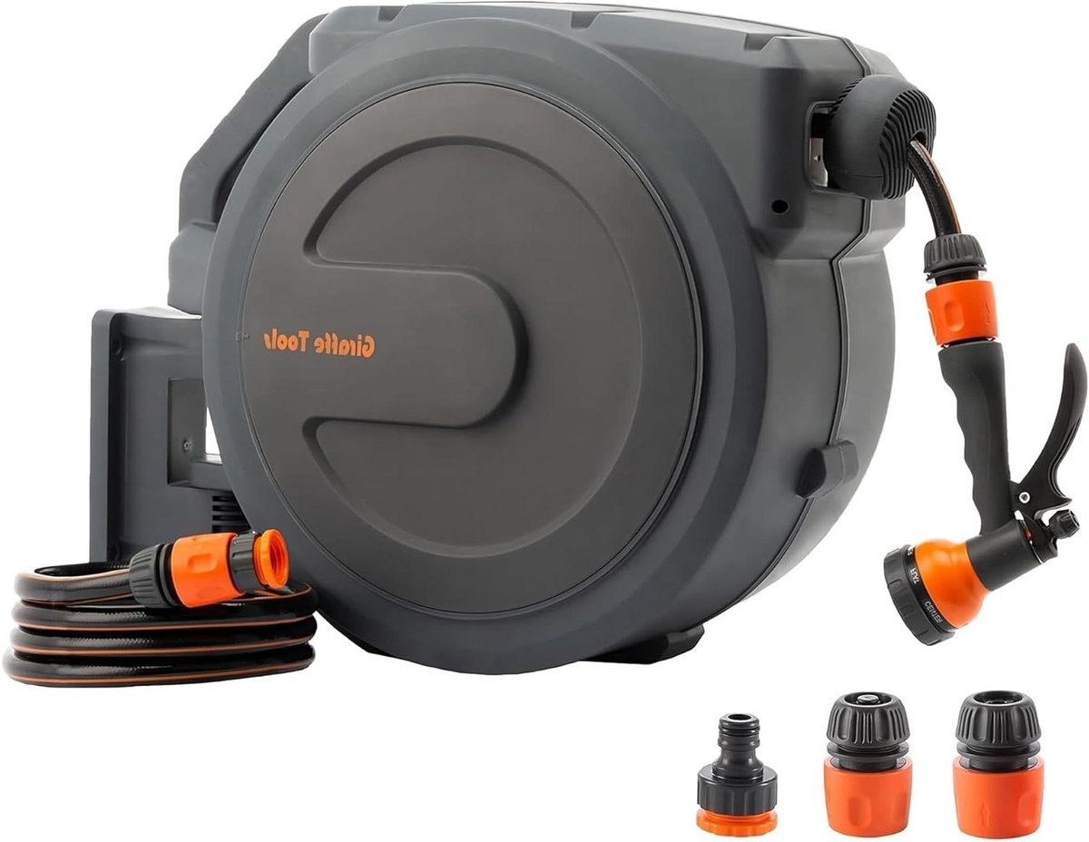 Intrekbare slanghaspel - Wandslanghaspel - Tuin bewateren - Automatisch oprolsysteem - 30 meter - Grijs