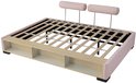 Roze bedframe met houten lattenbodem en opbergvakken, met twee ronde, roze hoofdkussens.