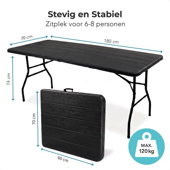 LifeGoods Inklapbare Tafel - 180x74 cm - Stevige Klaptafel - Weerbestendig - Inklapbare eettafel - Campingtafel - Vouwtafel voor Binnen en Buiten - Zwart houtnerf look van Merkloos — afbeelding 2
