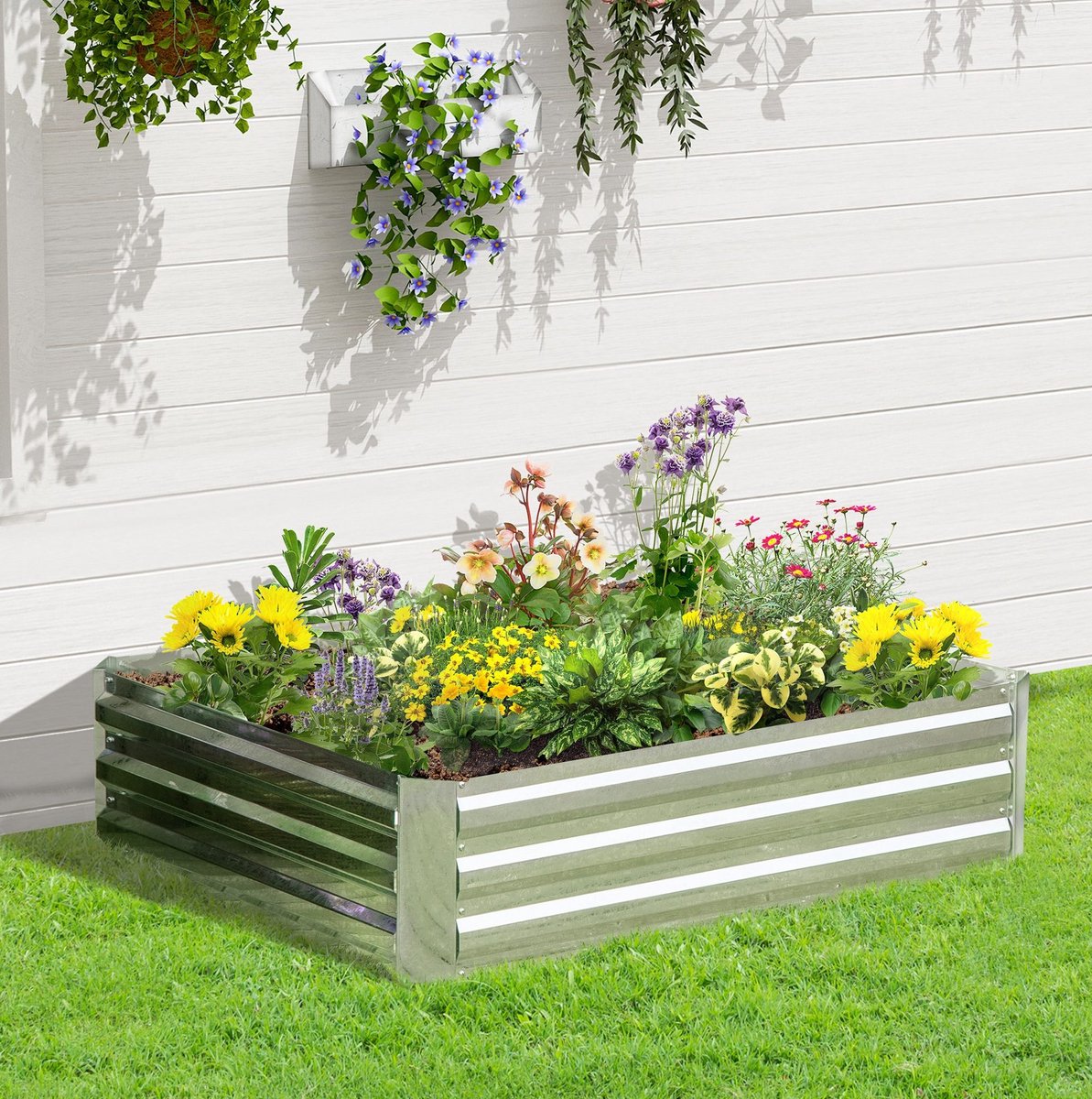 MEUNIQ moestuinbak 120 x 90 x 30 cm van verzinkt staal met open bodem, verhoogde plantenbak voor bloemen en groenten in de tuin, zilver