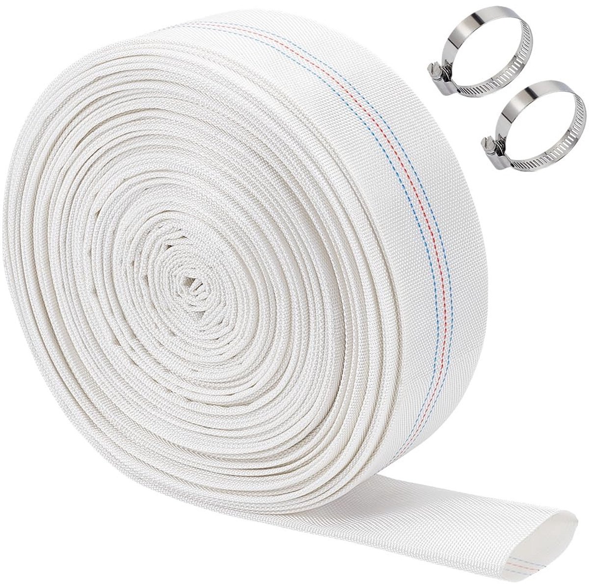 30 m platte PVC-afvoerslang voor watertransport, robuuste terugspoelslang met roestvrijstalen klemmen voor zwembaden, industrie en landbouw, binnendiameter 5 cm, duurzaam en flexibel