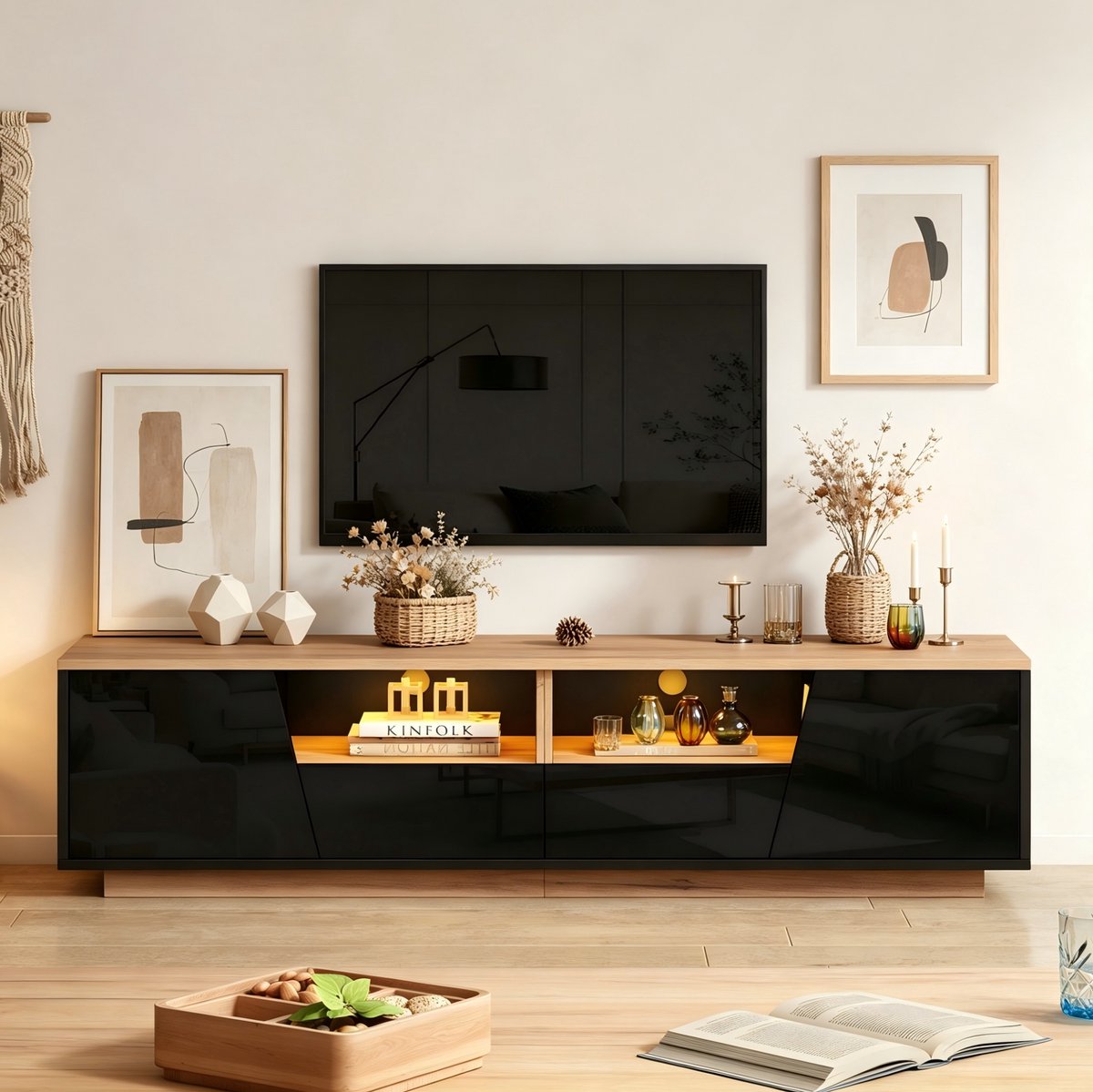 FloraGrace Tv-Kast - Hoogglans Met Ledverlichting En 2 Laden - Voor Woonkamer En Tv Tot Ca. 75 Inch - Spaanplaat - 180x40x46 Cm - Zwart Houtkleur