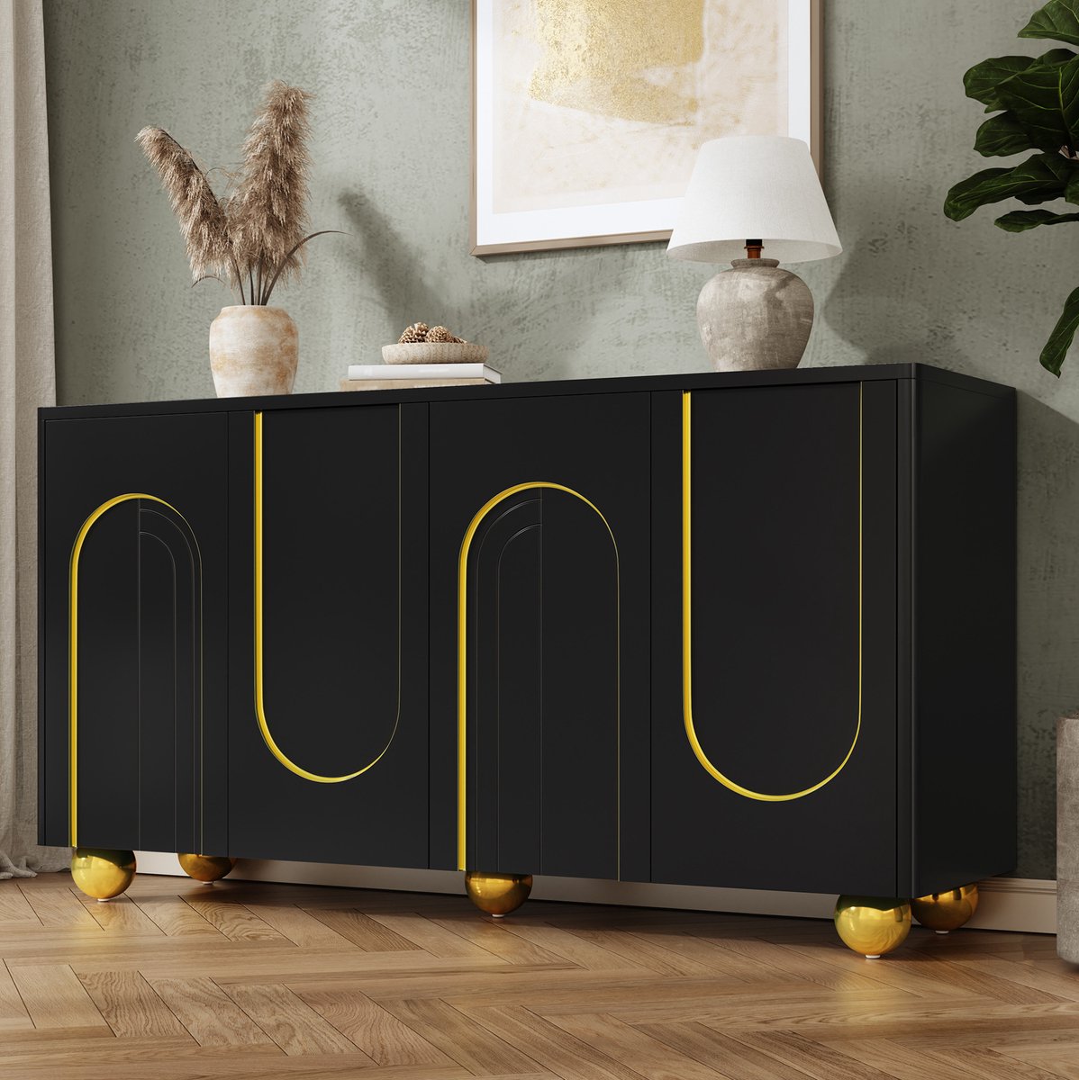 FloraGrace Dressoir - Vierdeurs Opbergkast Met Gouden Boogdecor - Voor Eetkamer Hal En Woonkamer - MDF En Spaanplaat - 140x40x74 Cm - Zwart