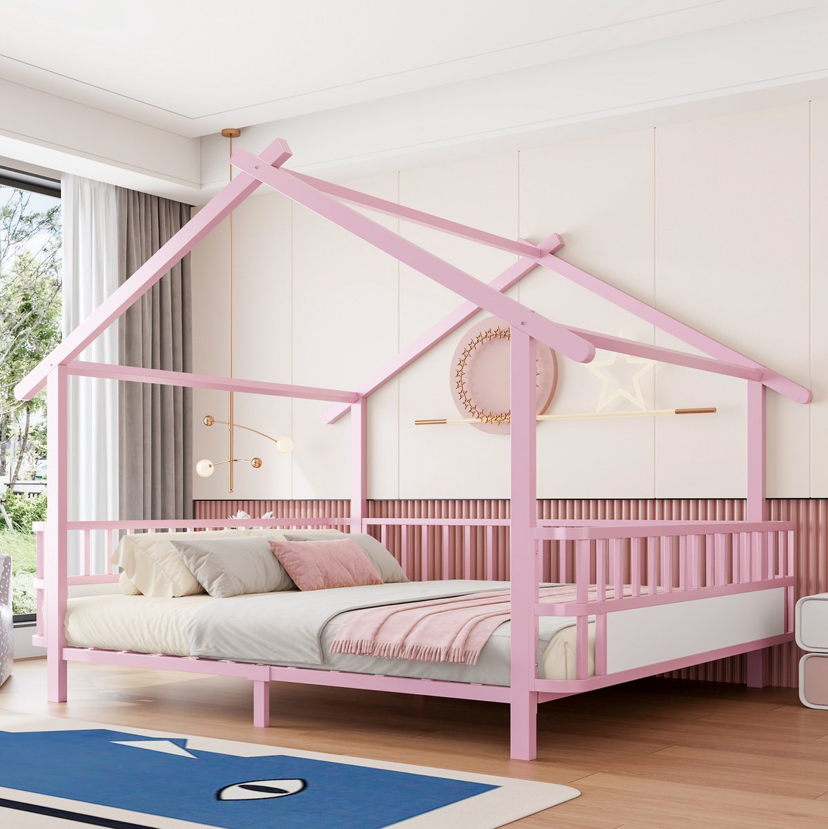FloraGrace Kinderbed 140 x 200 cm - Huisvormig Hemelbed Met Veiligheidsgitter - Zonder Matras - Voor Kinderkamer - Metaal - Roze