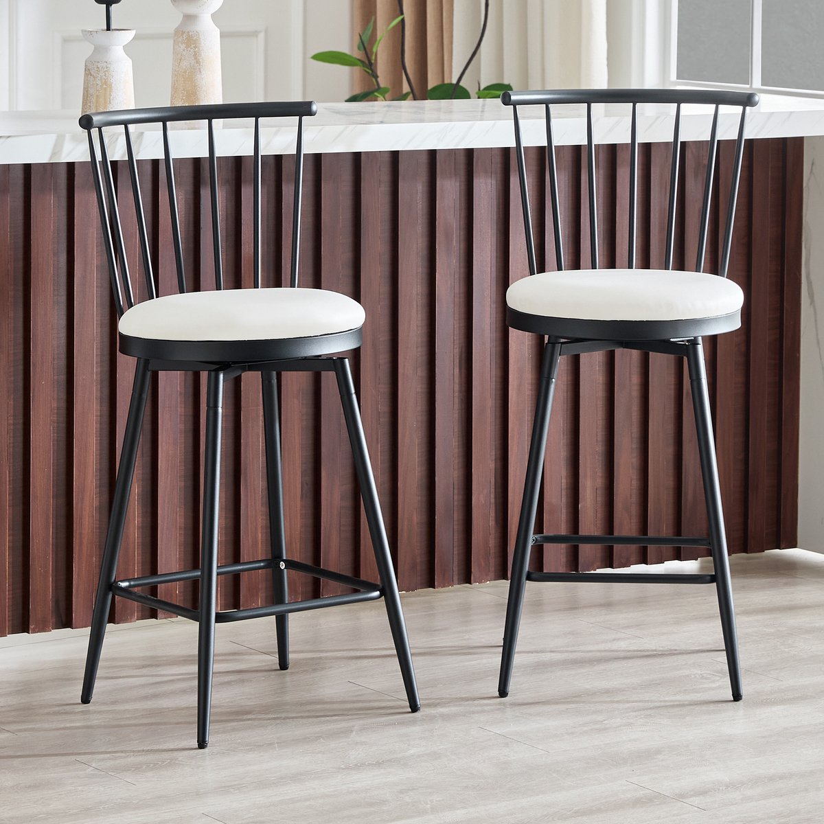STILVORA Barkruk 39 x 39 x 96 cm - Set Van 2 Met Windsor Rugleuning En Gewatteerde Zitting - Voor Keukeneiland En Bar - Wit