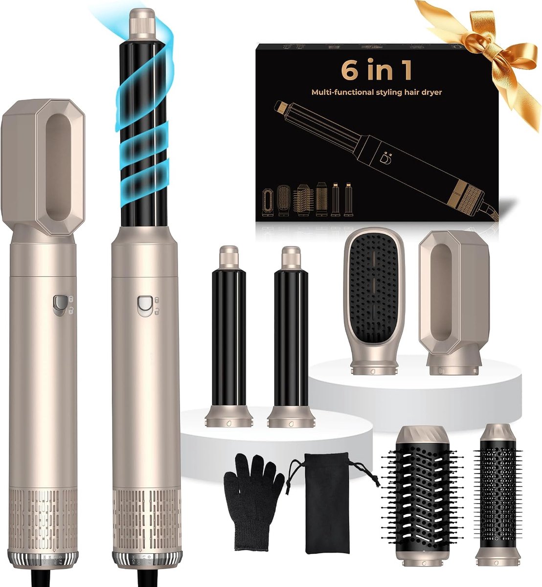 Thijox - UKLISS 6-in-1 Hairstyler Set - Professionele Föhnborstel, Heteluchtborstel, Ronde Borstelföhn, Stijlborstel, Haardroger - 1000 W Zilvergoud v