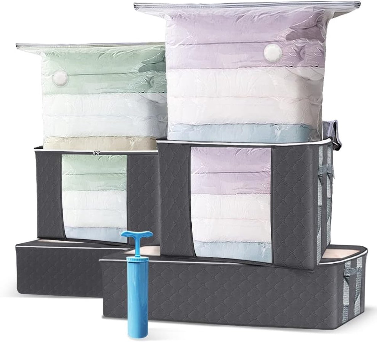 Thijox - Grote vacuüm opbergtas met pomp, 4 stuks vacuümzakken en opbergtassen met handvat en ritssluiting voor kleding, dekbedden, beddengoed, ideaal