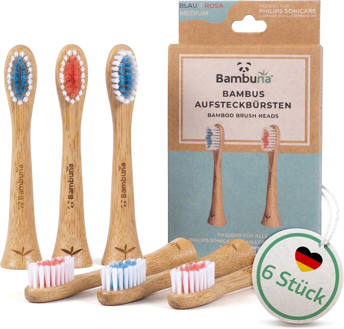 Thijox - Bambona Reserveborstels voor Sonicare Tandenborstel - Bamboe Opzetborstels - Middelzacht - Set van 2 - Blauw/Roze - Duurzaam en Milieuvriende