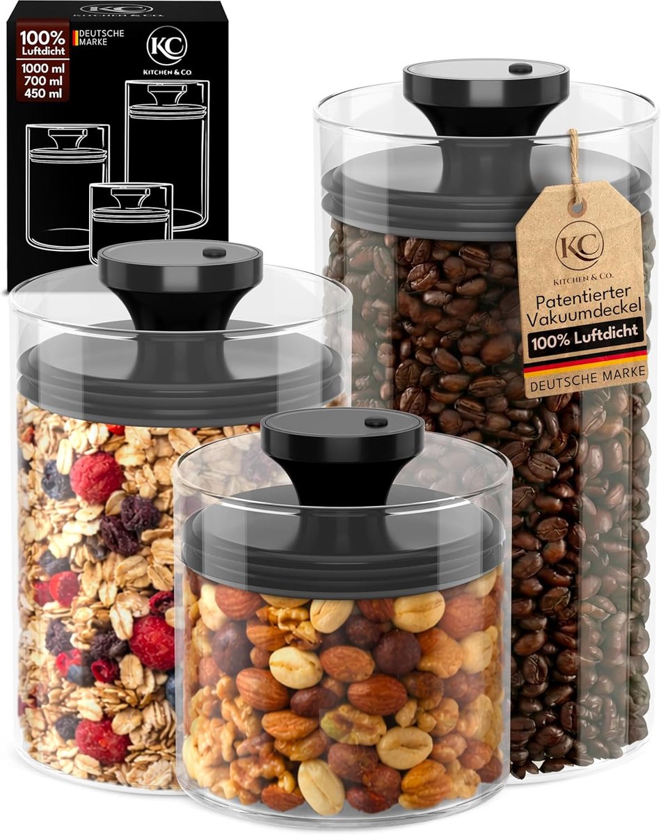 Thijox - Voorraadpotten met vacuümdeksel, luchtdichte glazen voorraaddozen, BPA-vrij borosilicaatglas, set van 3, mottenbestendige opslag voor koffie,